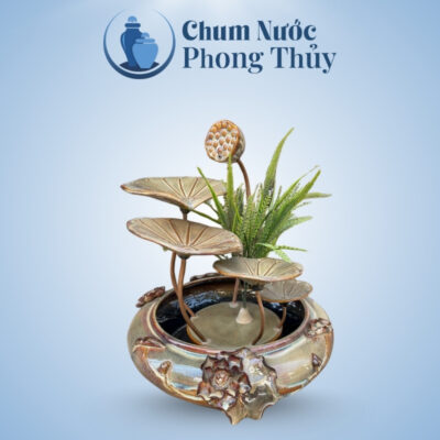 Tiểu Cảnh Phong Thủy Thác Nước Dáng Hoa Sen Đắp Đại Vàng Nâu TN-13