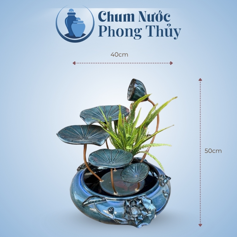 kích thước Thác Nước Phong Thủy Dáng Sen Đắp Đại Men Hỏa Biến Xanh TN-14