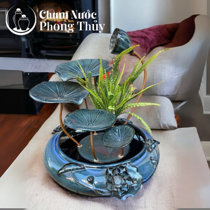 chi tiết Thác Nước Phong Thủy Dáng Sen Đắp Đại Men Hỏa Biến Xanh TN-14