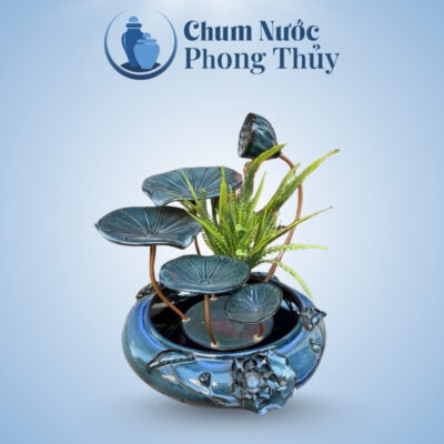 Thác Nước Phong Thủy Dáng Sen Đắp Đại Men Hỏa Biến Xanh TN-14