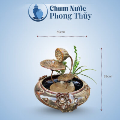 kích thước Thác Nước Phong Thủy Hoa Sen Đắp Cỡ Vừa Men Hỏa Biến Vàng Nâu TN-12
