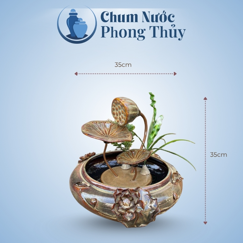 kích thước Thác Nước Phong Thủy Hoa Sen Đắp Cỡ Vừa Men Hỏa Biến Vàng Nâu TN-12