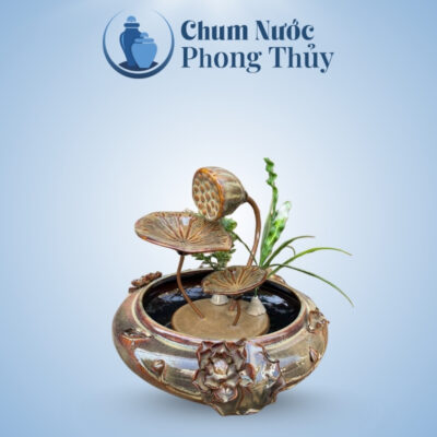 Thác Nước Phong Thủy Hoa Sen Đắp Cỡ Vừa Men Hỏa Biến Vàng Nâu TN-12