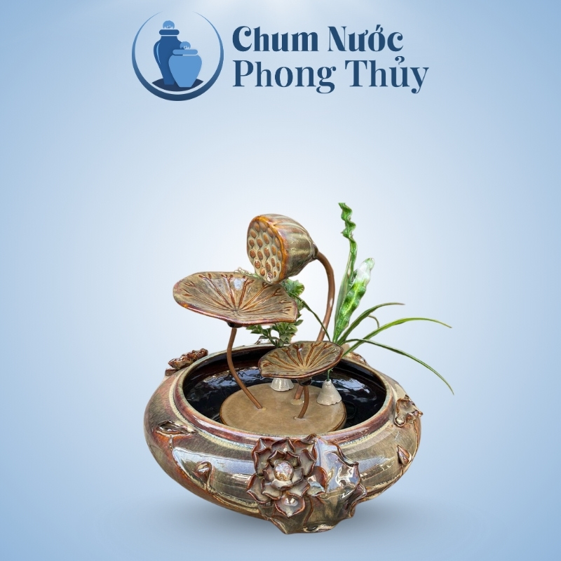 Thác Nước Phong Thủy Hoa Sen Đắp Cỡ Vừa Men Hỏa Biến Vàng Nâu TN-12