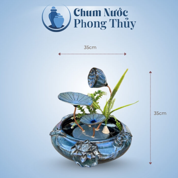 kích thước Bộ Thác Nước Phong Thủy Hoa Sen Đắp Vừa Men Hỏa Biến Xanh TN-11
