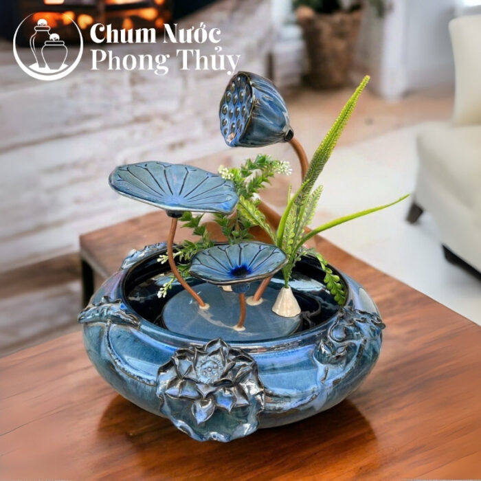 chi tiết Bộ Thác Nước Phong Thủy Hoa Sen Đắp Vừa Men Hỏa Biến Xanh TN-11