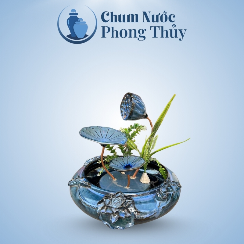 Bộ Thác Nước Phong Thủy Hoa Sen Đắp Vừa Men Hỏa Biến Xanh TN-11