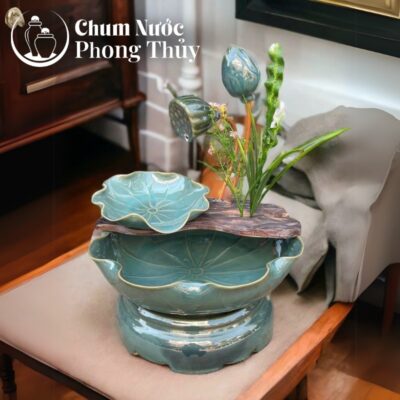 chi tiết Bộ thác nước phong thủy sen nụ men hỏa biến màu xanh ngọc
