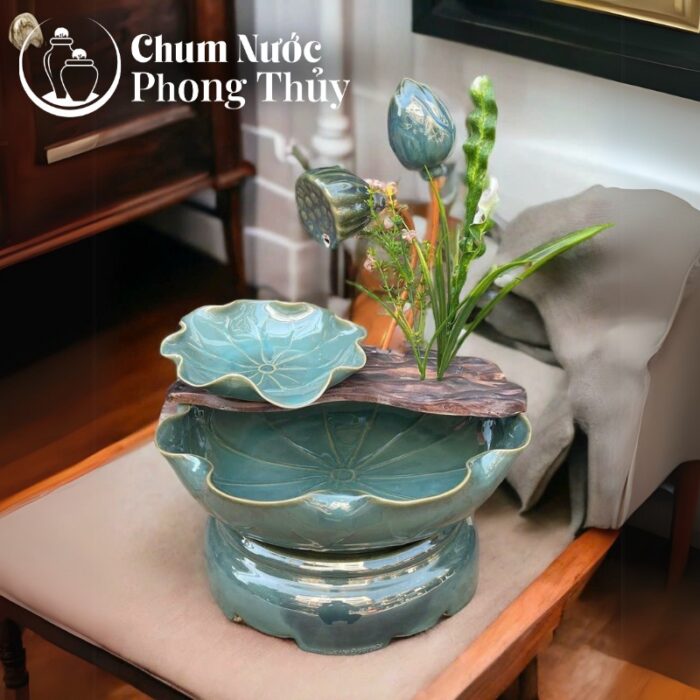 chi tiết Bộ thác nước phong thủy sen nụ men hỏa biến màu xanh ngọc