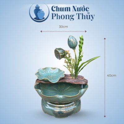 kích thước Bộ thác nước phong thủy sen nụ men hỏa biến màu xanh ngọc