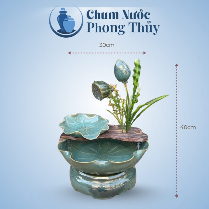 kích thước Bộ thác nước phong thủy sen nụ men hỏa biến màu xanh ngọc
