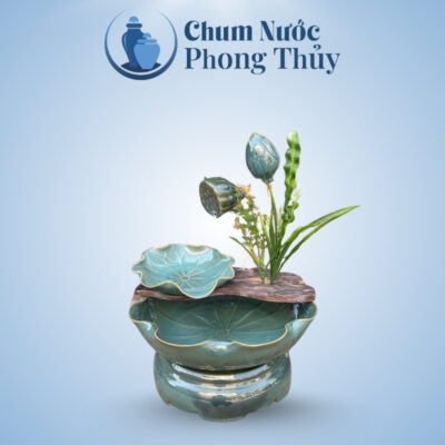 Bộ thác nước phong thủy sen nụ men hỏa biến màu xanh ngọc
