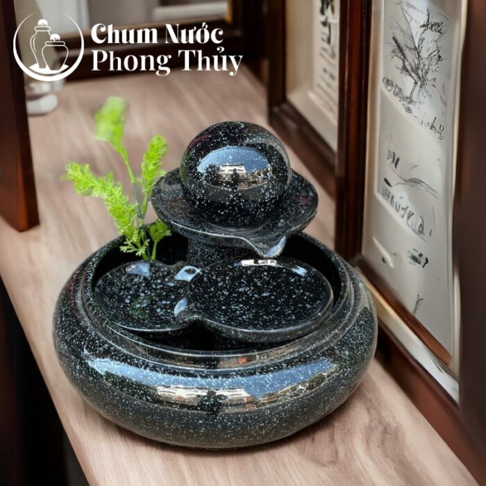 chi tiết Tiểu Cảnh Thác Nước Phong Thủy Mini Địa Cầu Đen TN-08