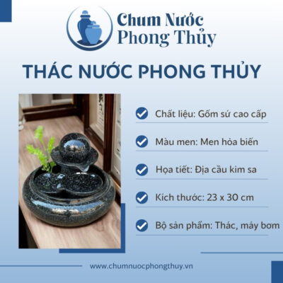 đặc điểm Tiểu Cảnh Thác Nước Phong Thủy Mini Địa Cầu Đen TN-08