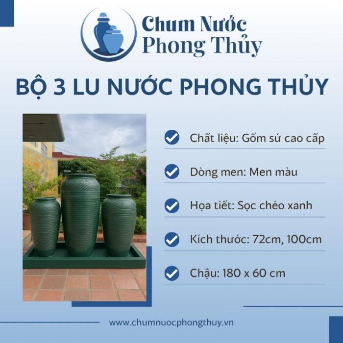 Bộ Ba Chum Nước Gốm Sứ Men Xanh Họa Tiết Sọc Chéo CN-19