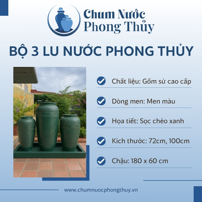 Bộ Ba Chum Nước Gốm Sứ Men Xanh Họa Tiết Sọc Chéo CN-19